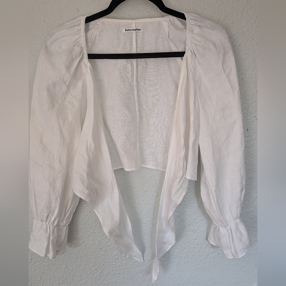 Reformation Linen Tie Front Flutter Sleeve Blouse - image 6